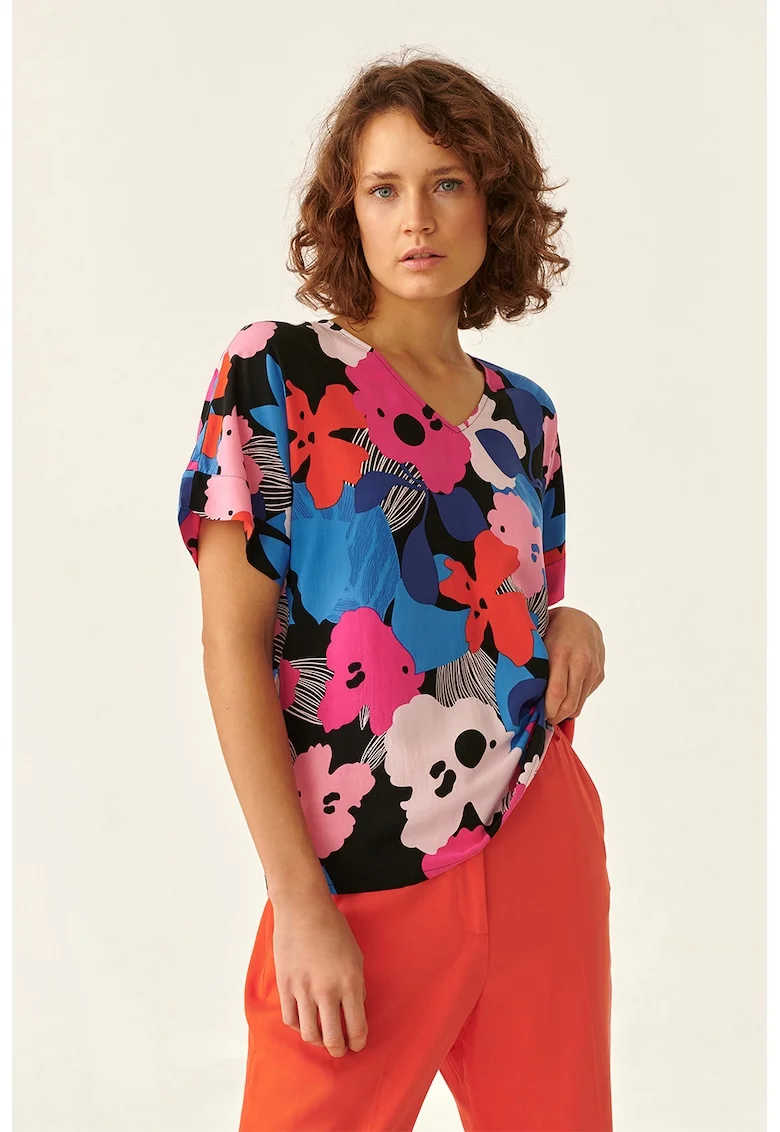 Bluza cu decolteu in V si imprimeu floral, Rosu/Roz/Albastru