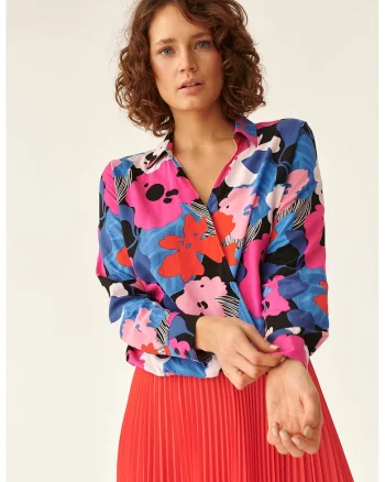 Bluza cu croiala petrecuta si imprimeu floral, Rosu/Roz/Albastru