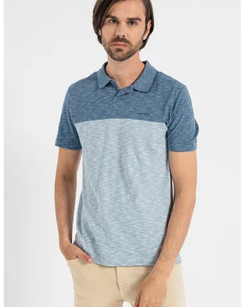 Tricou polo colorblock, din bumbac, Albastru melange