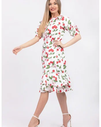 Rochie midi cu maneci bufante, Rosu/Alb/Verde