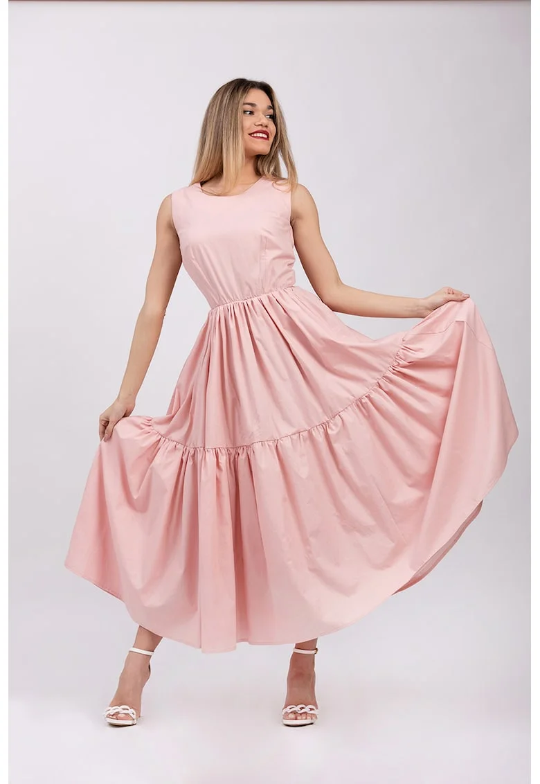 Rochie evazata fara maneci cu buzunare laterale, Roz pal