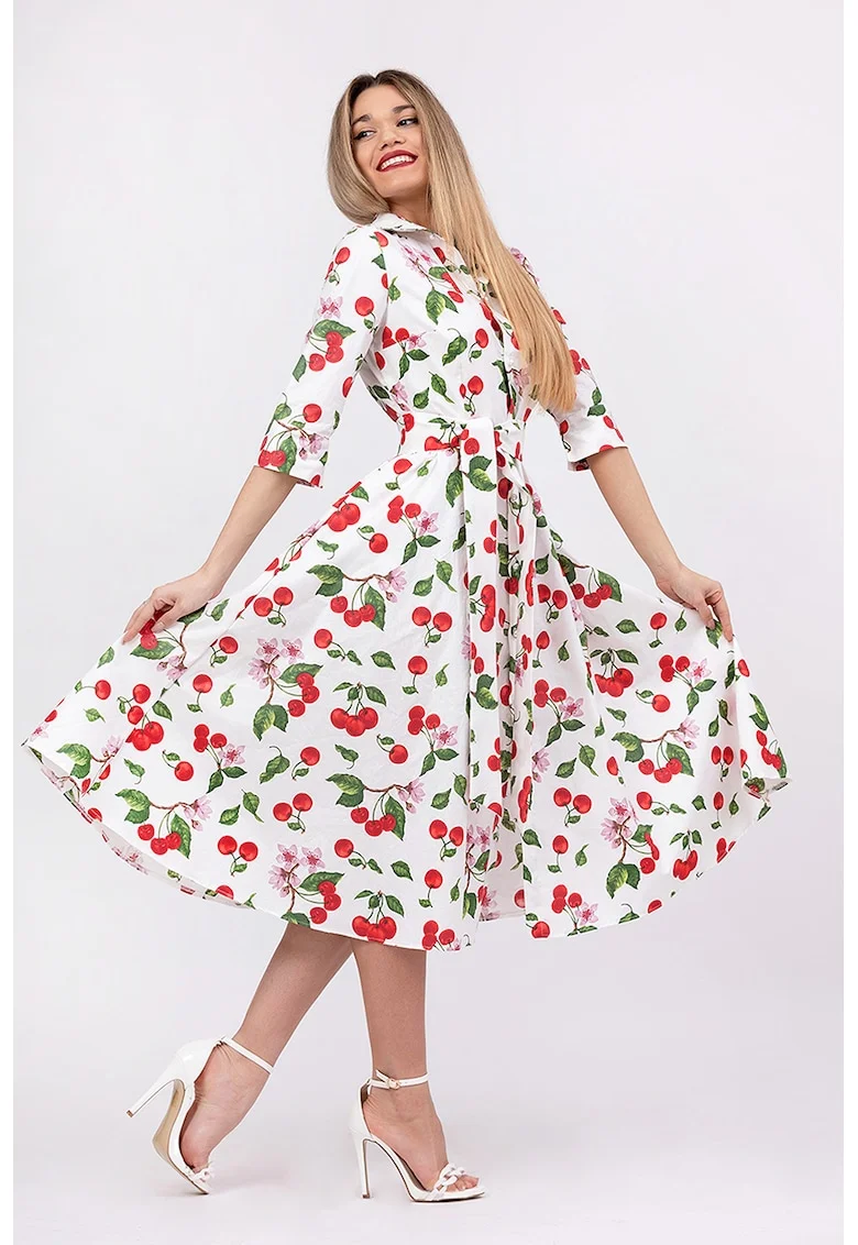Rochie-camasa evazata cu cordon in talie, Rosu/Alb/Verde