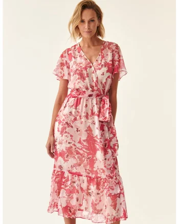 Rochie midi evazata cu imprimeu floral, Alb/Roz