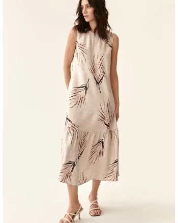 Rochie din amestec de in cu imprimeu, Maro inchis/Bej