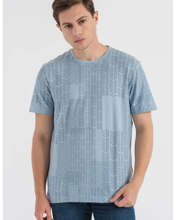 Tricou cu decolteu la baza gatului si imprimeu, Albastru