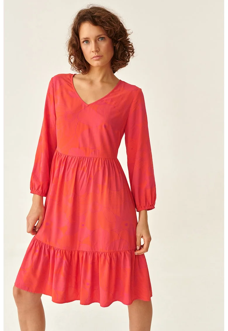 Rochie cu decolteu in V si imprimeu floral, Rosu vermillion