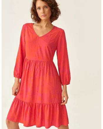 Rochie cu decolteu in V si imprimeu floral, Rosu vermillion