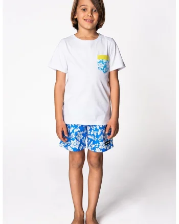 Tricou din bumbac cu buzunar pe piept, Alb/Verde lime/Albastru
