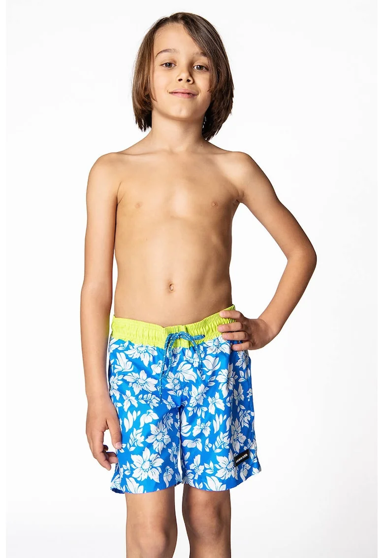 Pantaloni scurti de baie cu imprimeu tropical, Alb/Albastru