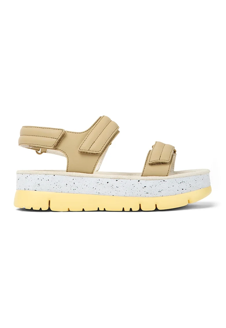 Sandale din piele cu inchidere velcro si talpa wedge, Maro nisip