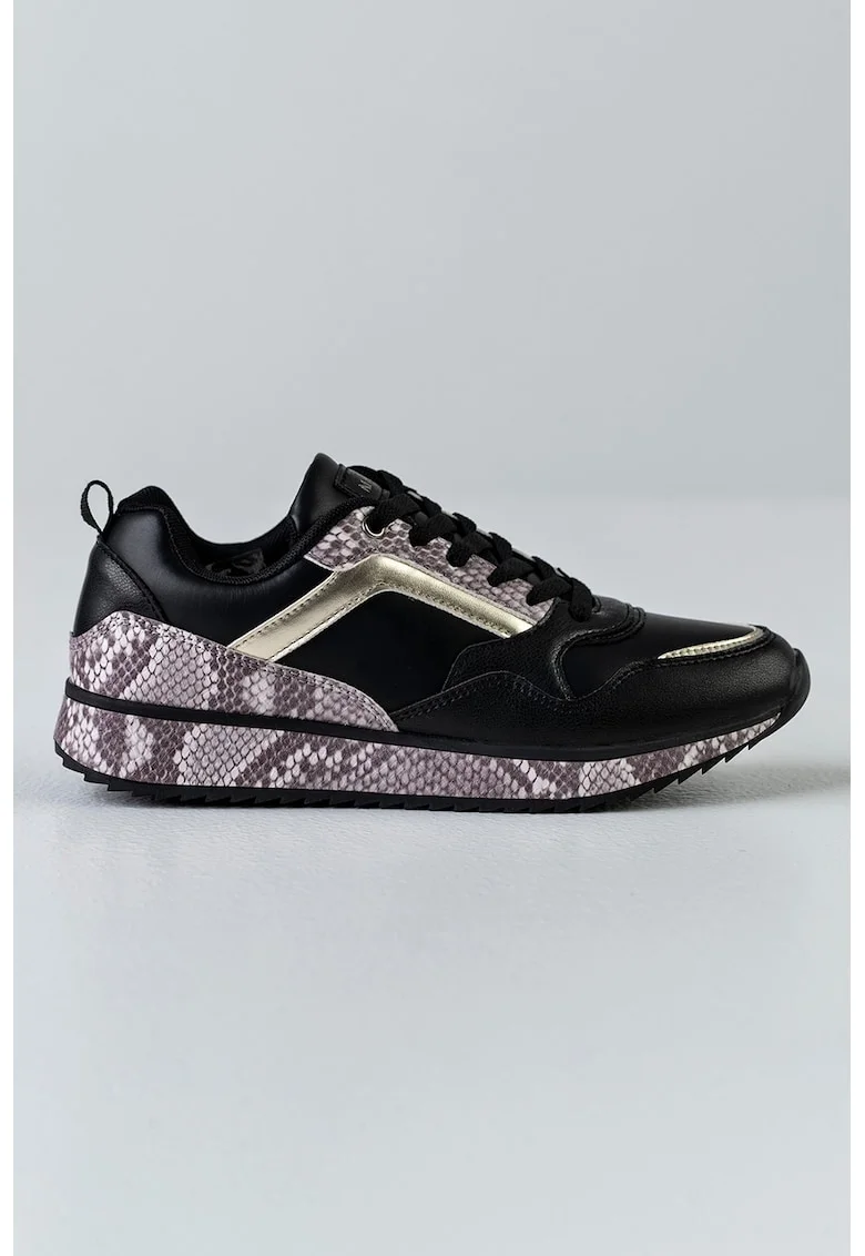 Pantofi sport de piele ecologica cu model piele de reptila, Auriu/Negru