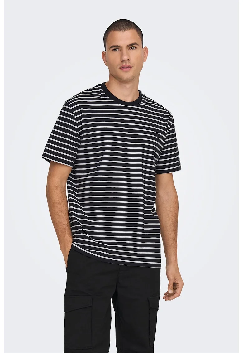 Tricou in dungi cu decolteu la baza gatului, Alb/Albastru ultramarin