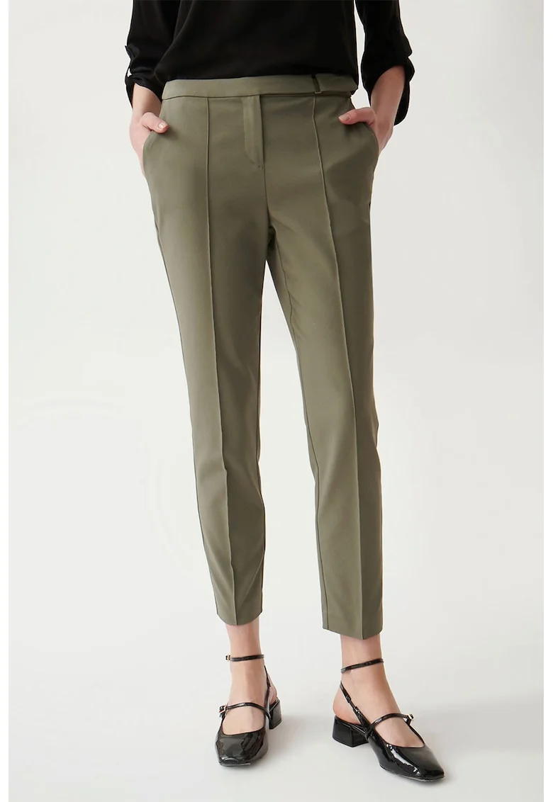 Pantaloni chino crop cu talie medie, Kaki