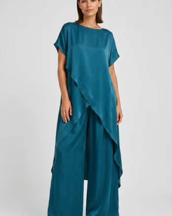 Compleu dama elegant din vascoza cu tunica asimetrica si pantaloni palazzo, turcoaz inchis