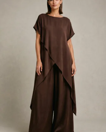 Compleu dama elegant din vascoza cu tunica asimetrica si pantaloni palazzo, maro