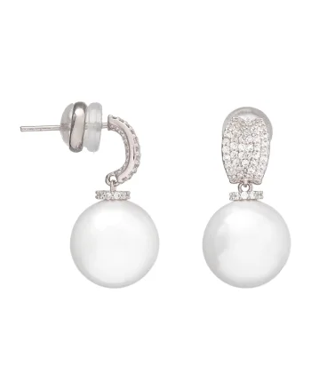 Cercei decorati cu perle de sticla si zirconia, Alb/Argintiu