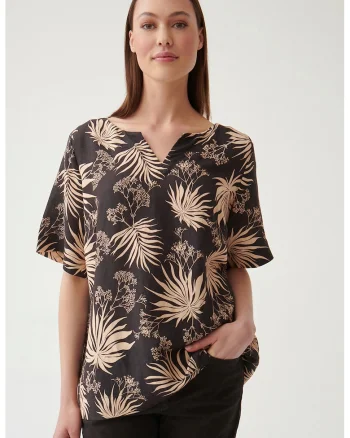 Bluza-tunica din amestec de in, Negru/Bej