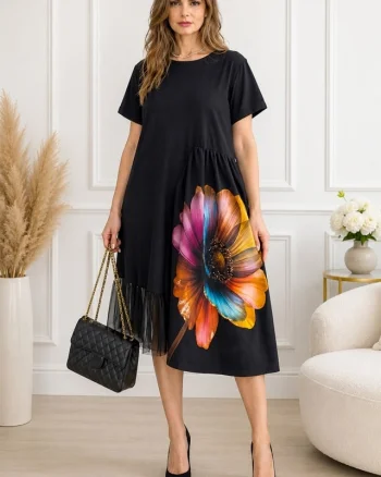Rochie de zi Arty Fiora, cu tull si maneca scurta, Fleur Amour, Marime S/M/L