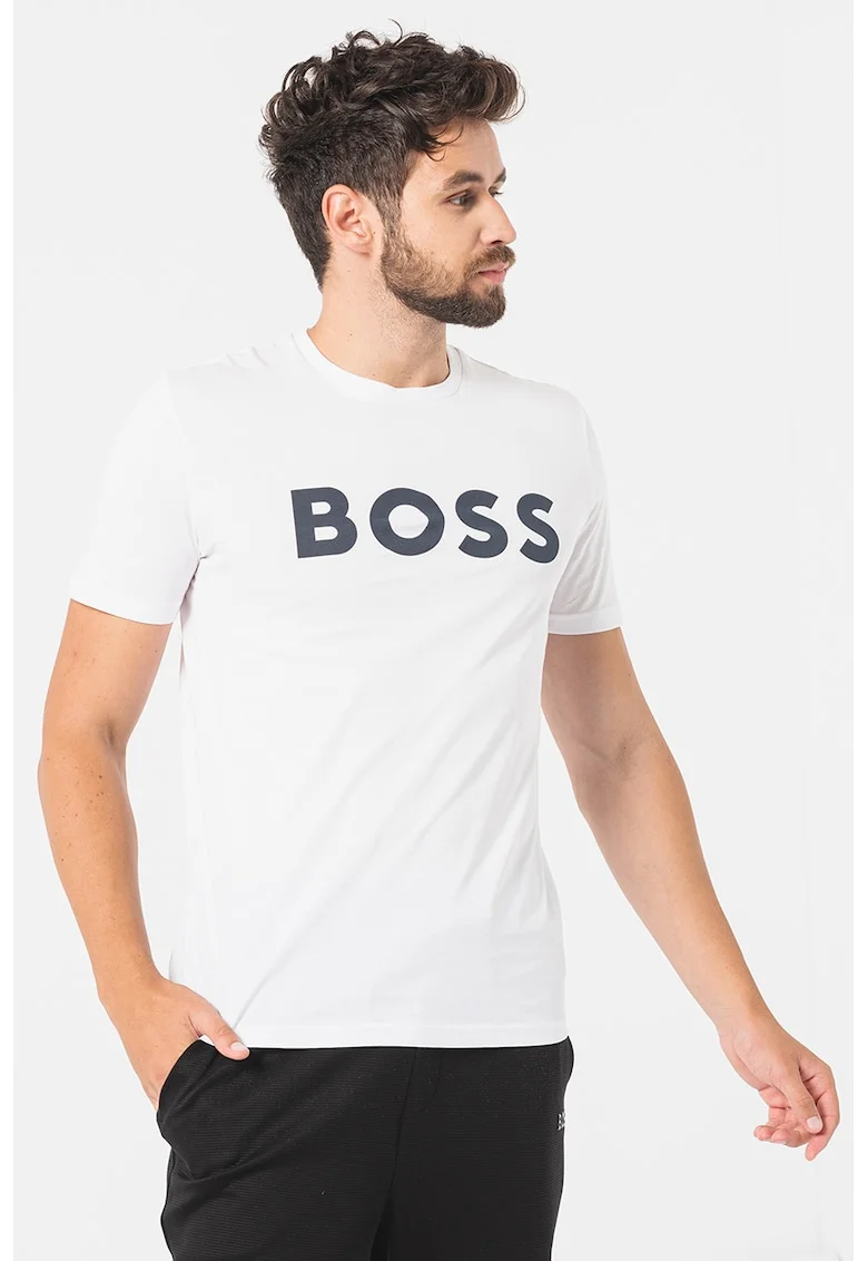 Tricou regular fit cu imprimeu logo cauciucat Thinking, Negru/Alb optic