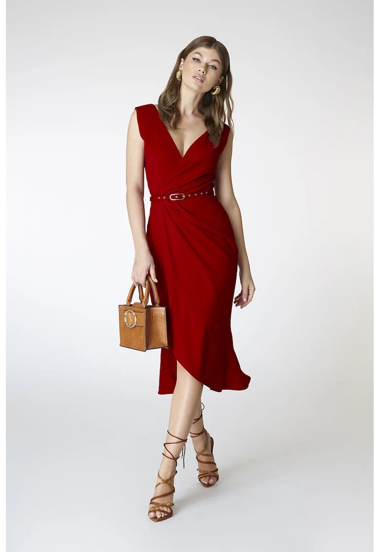 Rochie midi petrecuta cu decolteu cache-coeur Fame, Rosu inchis