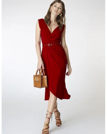 Rochie midi petrecuta cu decolteu cache-coeur Fame, Rosu inchis