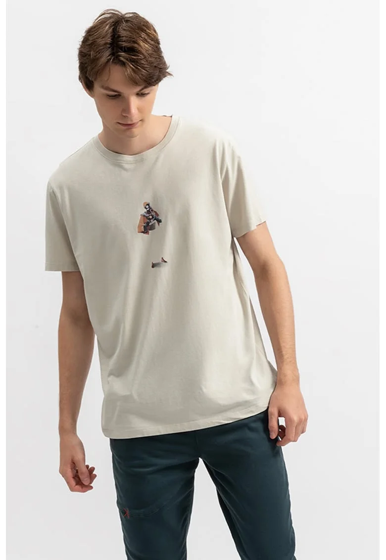 Tricou unisex cu decolteu la baza gatului si imprimeu, Gri deschis