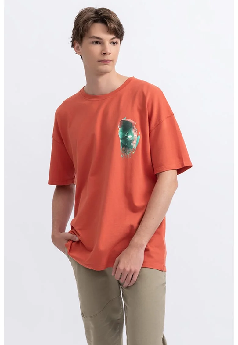 Tricou unisex cu imprimeu si maneci cazute, Coral