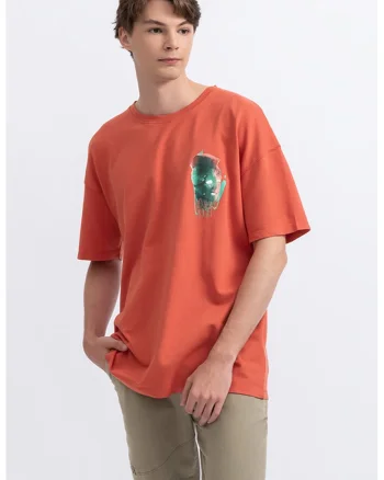 Tricou unisex cu imprimeu si maneci cazute, Coral
