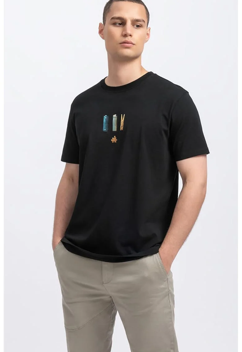 Tricou unisex de bumbac cu imprimeu grafic, Negru