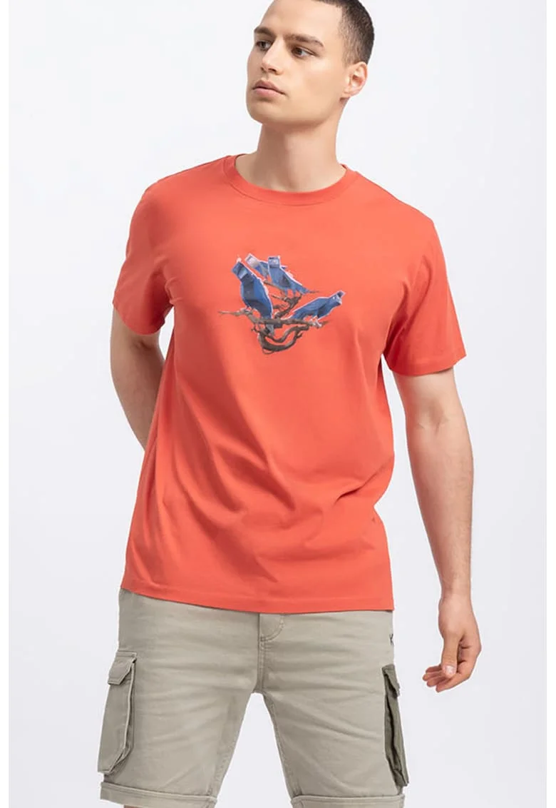 Tricou unisex cu decolteu la baza gatului si imprimeu pe piept, Coral