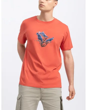 Tricou unisex cu decolteu la baza gatului si imprimeu pe piept, Coral