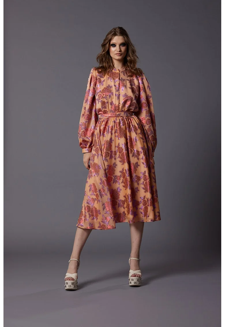 Rochie din amestec de matase cu maneci bufante Citrus, Piersica/Lila/Roz prafuit