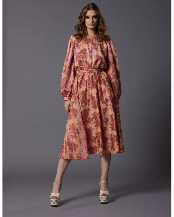 Rochie din amestec de matase cu maneci bufante Citrus, Piersica/Lila/Roz prafuit