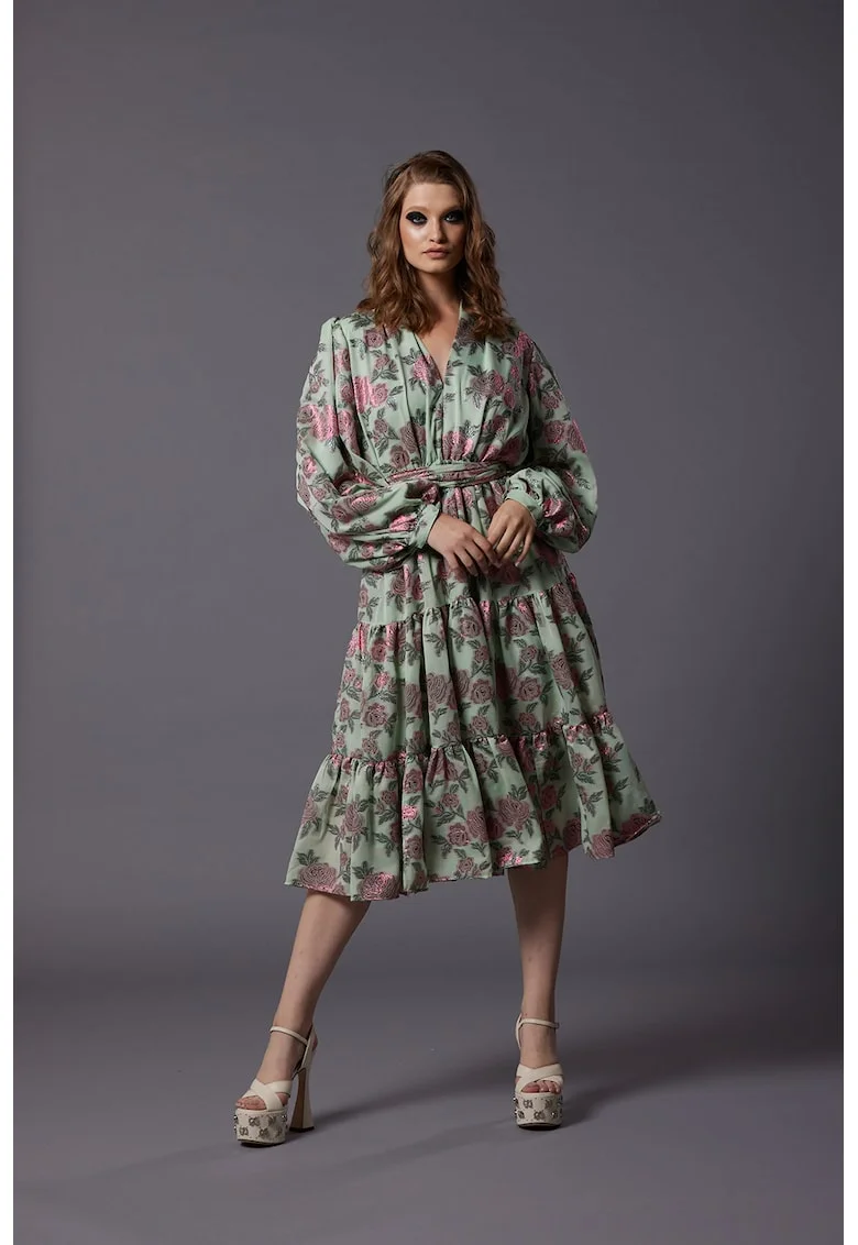 Rochie din amestec de matase cu imprimeu Simina, Roz fandango/Verde pal