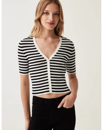 Cardigan crop cu model in dungi, Alb/Negru