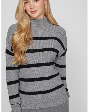 Pulover cu guler inalt si model in dungi, Negru/Gri melange