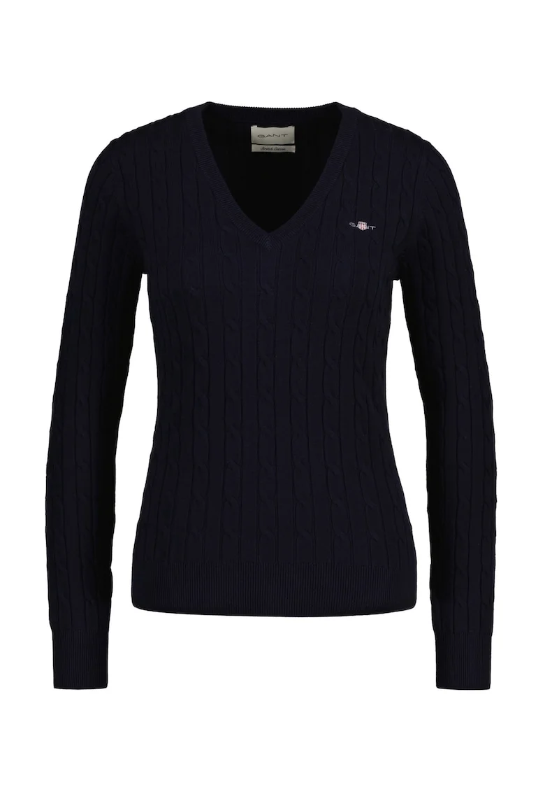 Pulover slim fit cu model torsade si decolteu in V, Albastru