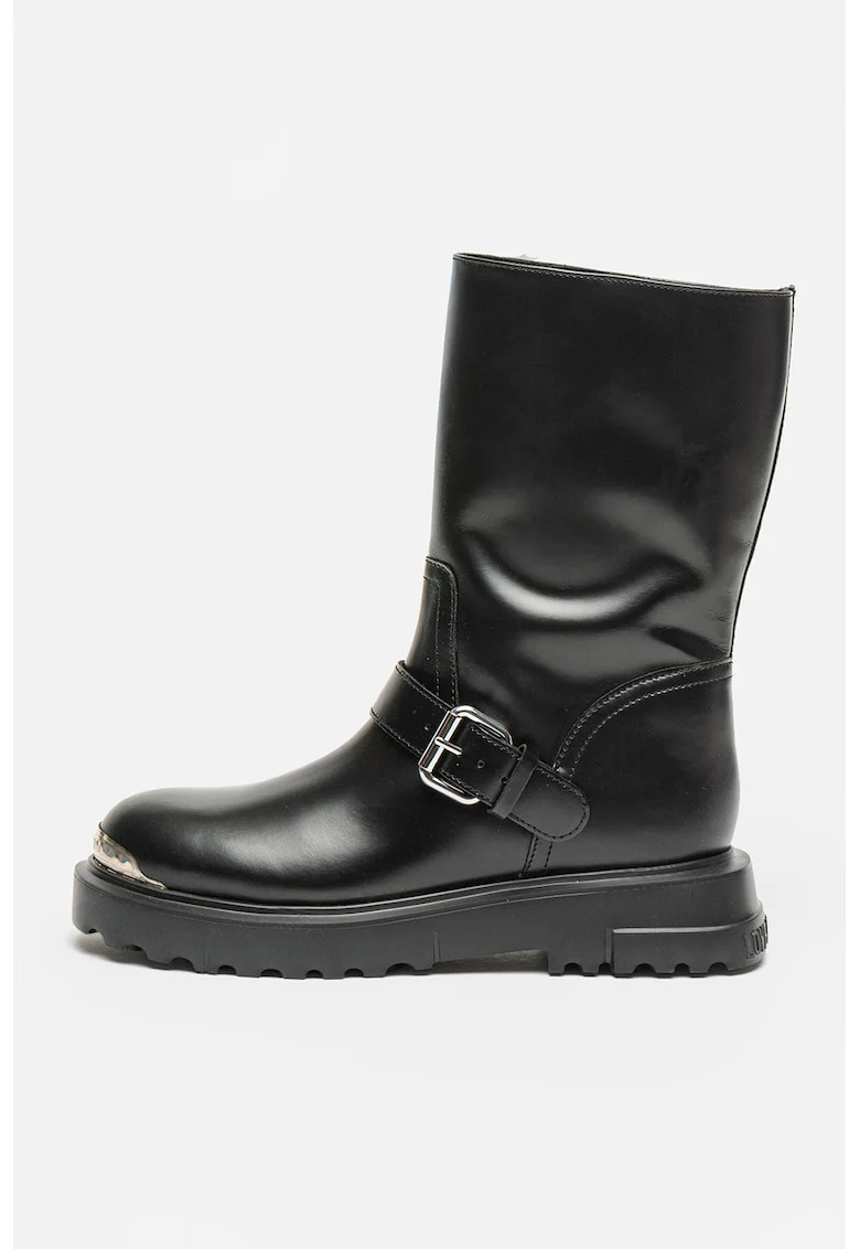 Cizme mid-calf de piele cu aplicatie metalica, Negru/Argintiu