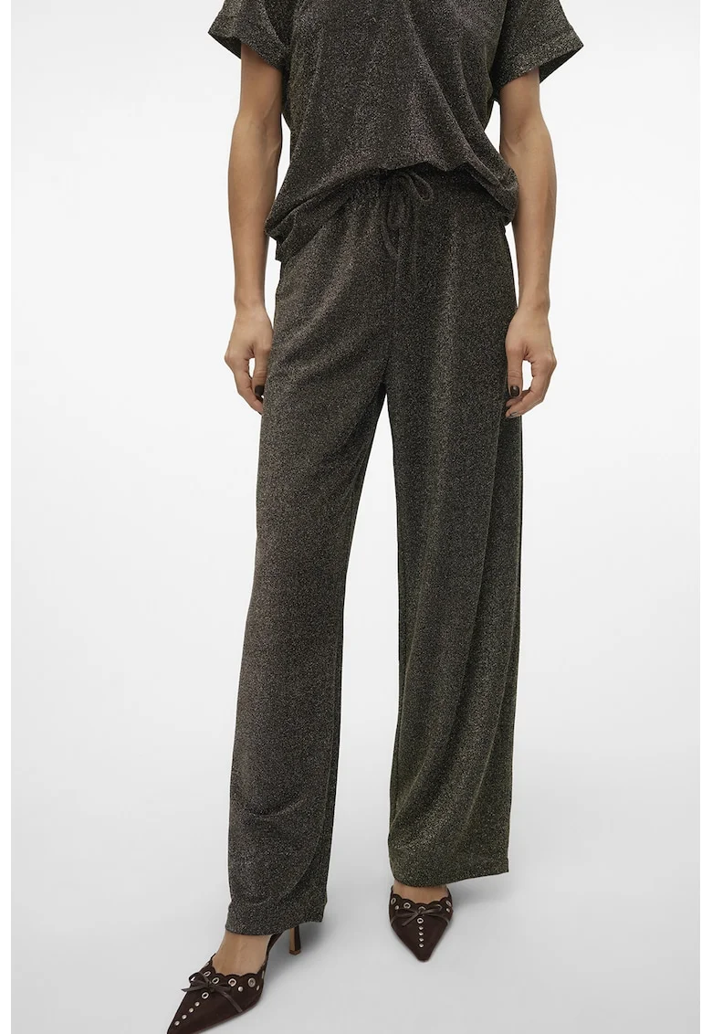Pantaloni cu snur in talie si aspect stralucitor, Auriu/Negru