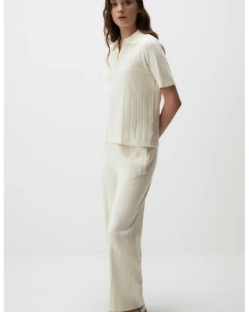 Pantaloni drepti din tricot cu striatii, Alb