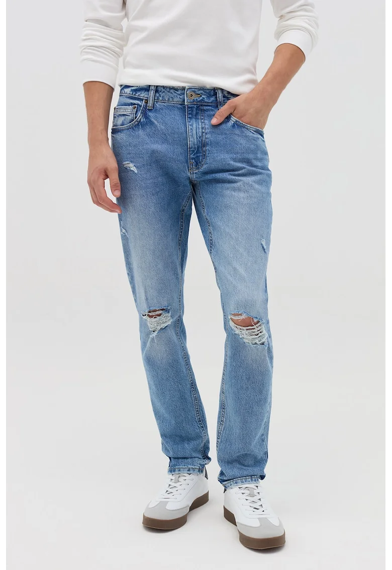 Blugi slim-fit cu detalii cu aspect deteriorat, Albastru deschis