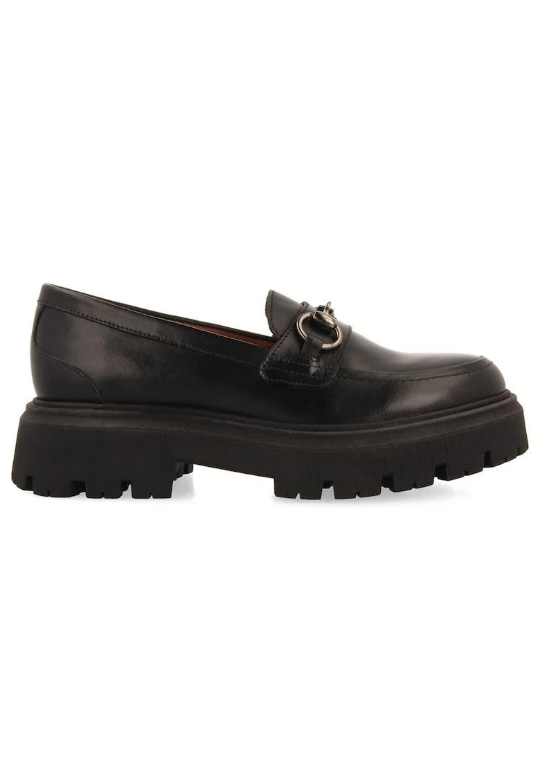 Pantofi loafer de piele cu aplicatie metalica, Negru
