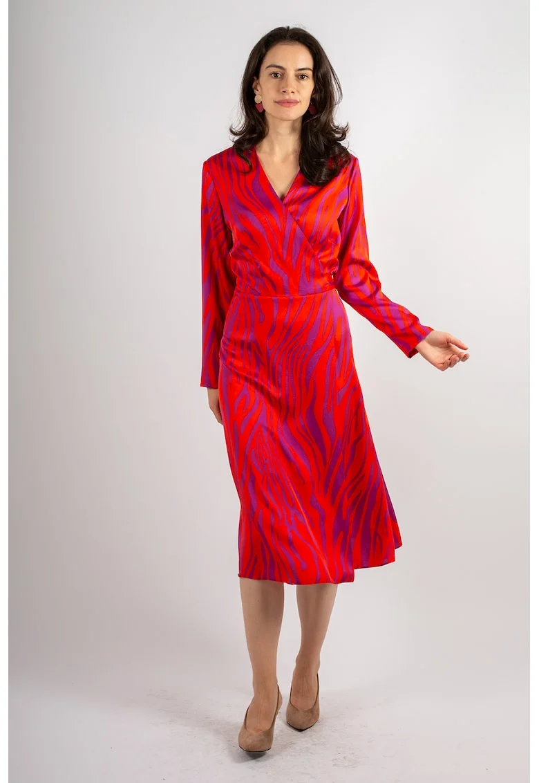 Rochie midi cu decolteu in V si model Naomi, Rosu/Roz fandango