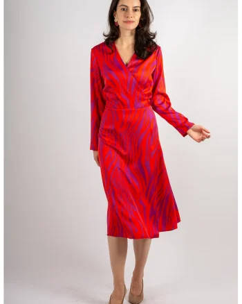 Rochie midi cu decolteu in V si model Naomi, Rosu/Roz fandango