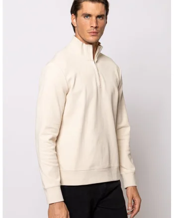 Bluza de trening din amestec de bumbac cu fenta cu fermoar Tyrel, Alb fildes