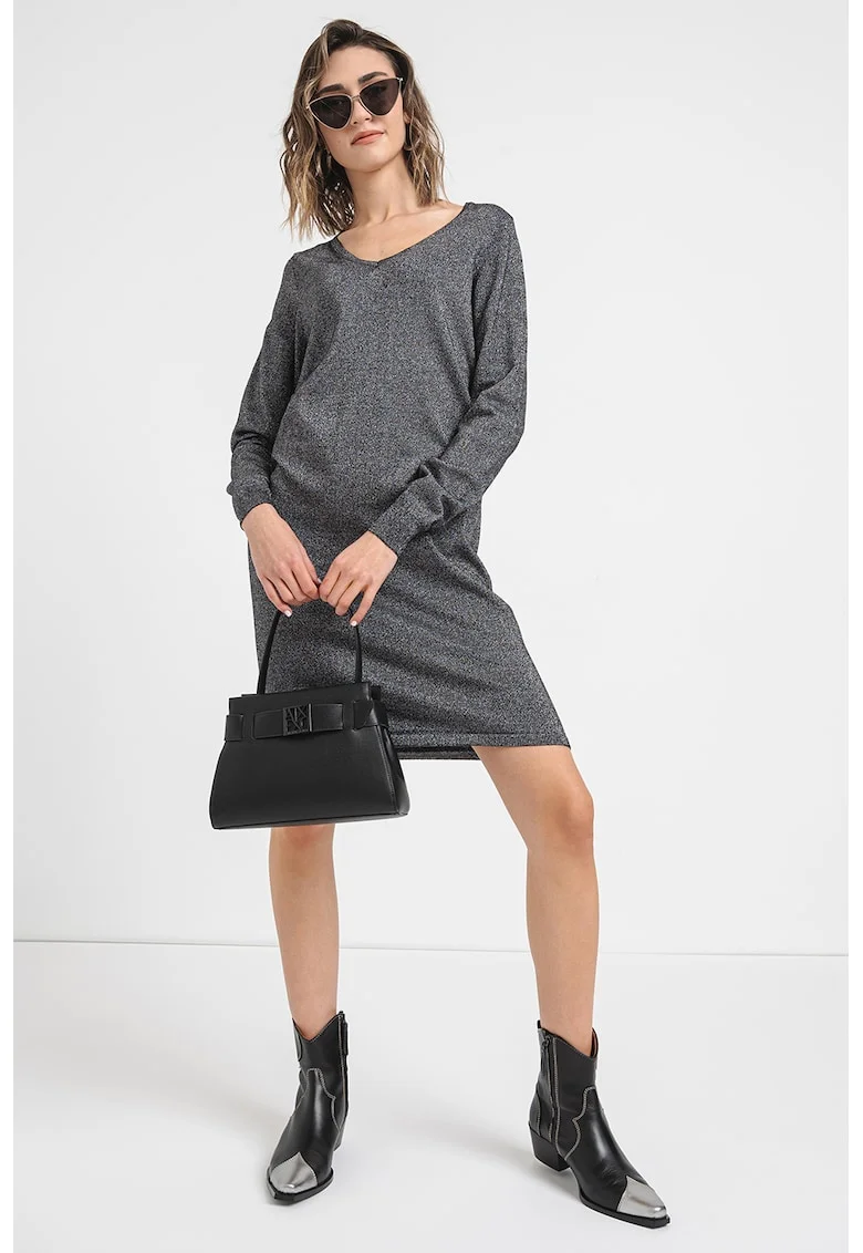 Rochie-pulover cu decolteu in V Happyshine, Negru/Argintiu