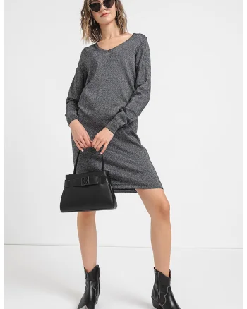Rochie-pulover cu decolteu in V Happyshine, Negru/Argintiu