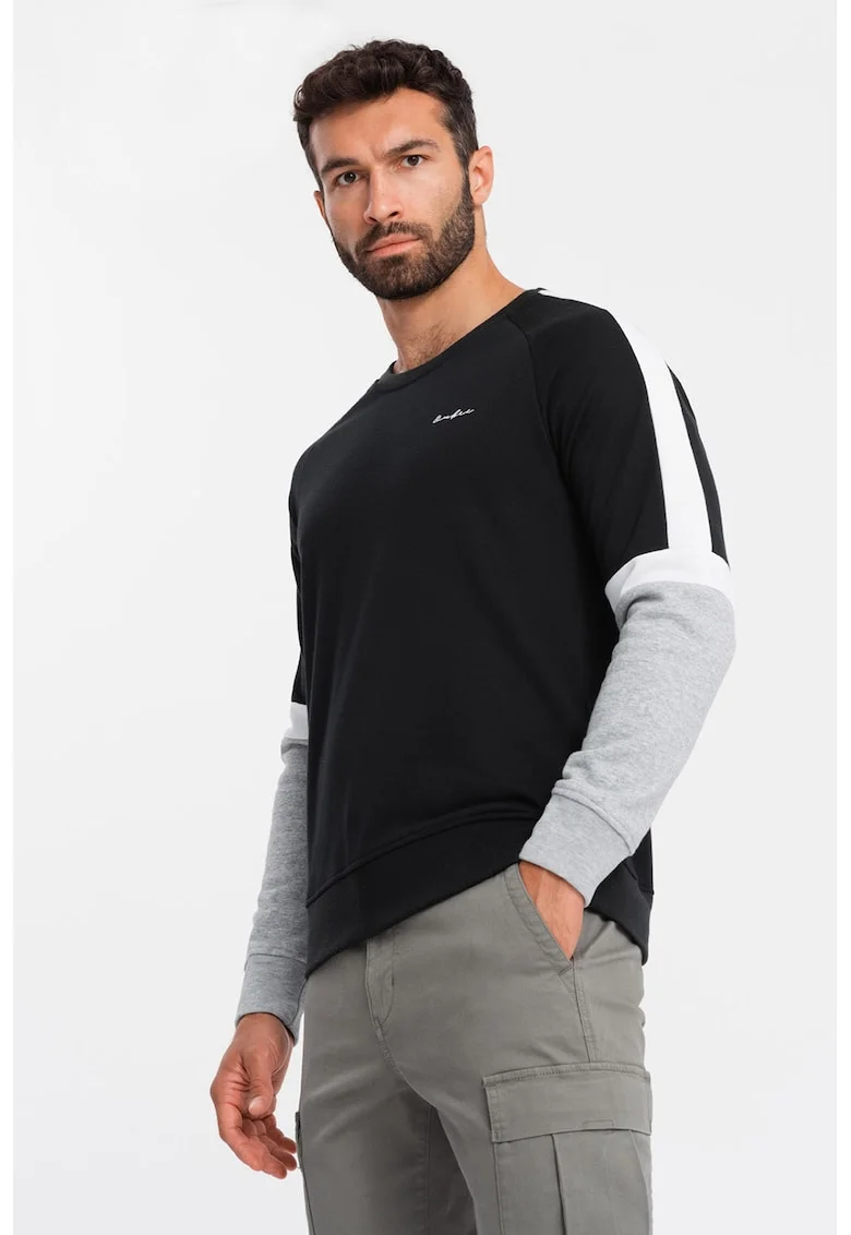 Bluza de trening din amestec de bumbac cu decolteu la baza gatului, Alb/Negru/Gri melange