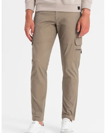 Pantaloni cargo cu croiala dreapta si buzunare cu fermoar, Kaki