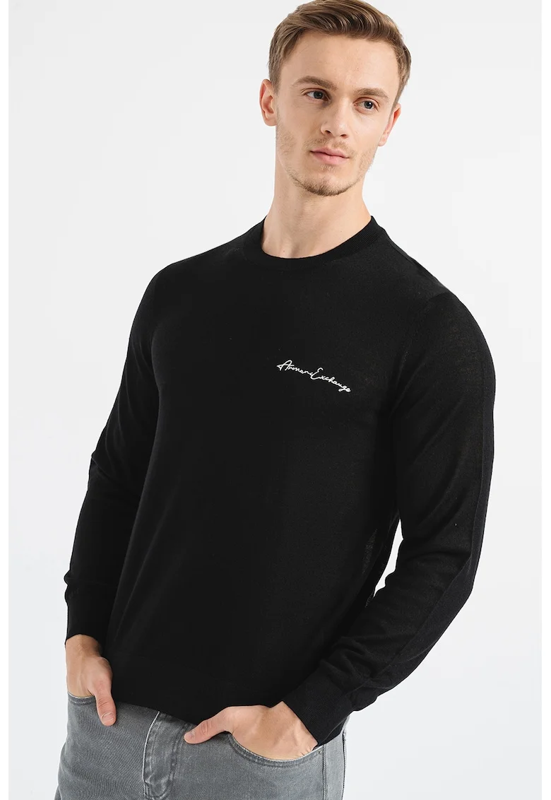 Pulover tricotat fin din amestec de lana, Negru